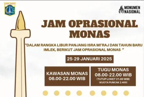 Catat, Ini Jam Operasional Monas Libur Isra Miraj dan Imlek 27-29 Januari 2025